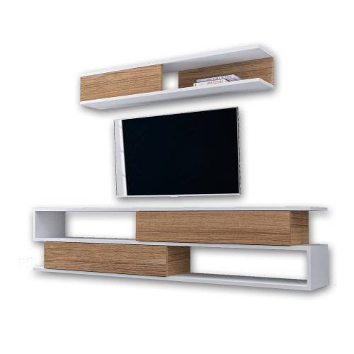 Set comoda TV si raft de perete cu aspect de lemn de nuc Furny Home Manyetik - alb