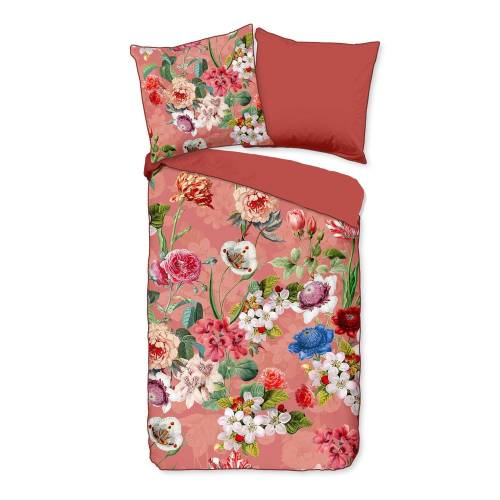 Lenjerie de pat din bumbac organic pentru pat de o persoana Descanso Flowery - 140 x 220 cm - portocaliu