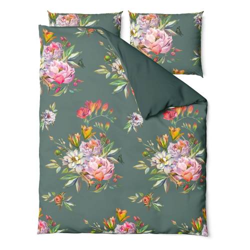Lenjerie de pat din bumbac satinat pentru pat dublu Bonami Selection Floret - 160 x 200 cm - verde inchis