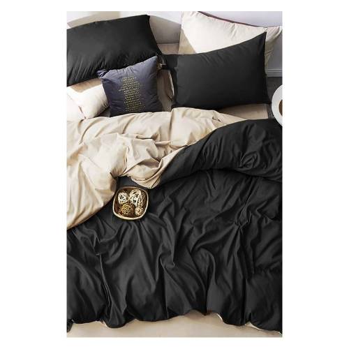 Lenjerie de pat neagra-crem din bumbac pentru pat dublu-extins si cearceaf 200x220 cm - Mila Home