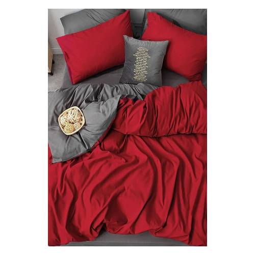 Lenjerie de pat rosie-gri din bumbac pentru pat dublu-extins si cearceaf 200x220 cm - Mila Home